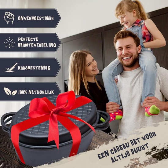 FLAVEMOTION® Gietijzeren pan met deksel als grillpan, (2in1) 35cm, 9,1L