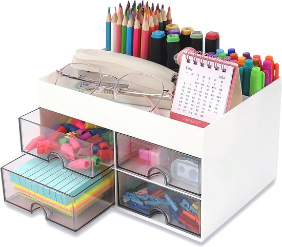 LYLIDIA Bureau-organizer, roze voor meisjes, compacte bureau-opgeruimde organizer met 2 laden, stationaire opbergorganisator, grote capaciteit, desktop-pennenhouder, schattige tafeldecoratie voor