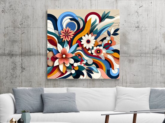 Modern bloemen schilderij | Hedendaags florale meesterwerk: een explosie van bloemrijk modernisme | Kunst - 60x60 centimeter op Dibond | Foto op Dibond