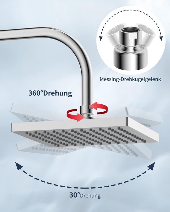 Regendouche douchekop 200 x 200 mm roestvrij staal vierkant inbouw spaar- en draaibare douche-ervaring van AquaVive — afbeelding 4