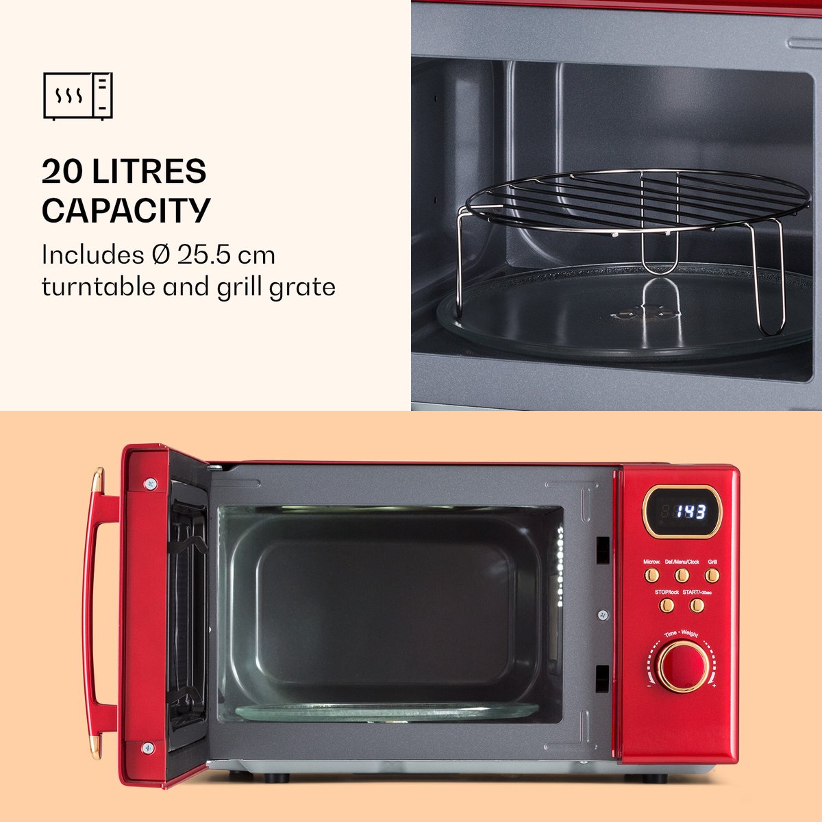 Klarstein magnetron met Grill, 800 Watt magnetron klein, 3 in 1Edelstahl magnetron rood, Kleine 20 Liter magnetron met ontdooi en Pizzafunktion, Drehteller, Platzsparend, Einfach zu Bedienen thumbnail 2
