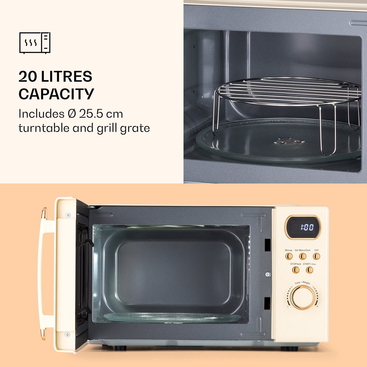 Klarstein Magnetron met Grill, 800 W, 20 Liter, 3-in-1 RVS Crème, Met Ontdooien en Pizzafunctie, Draaiplateau, Compact thumbnail 4