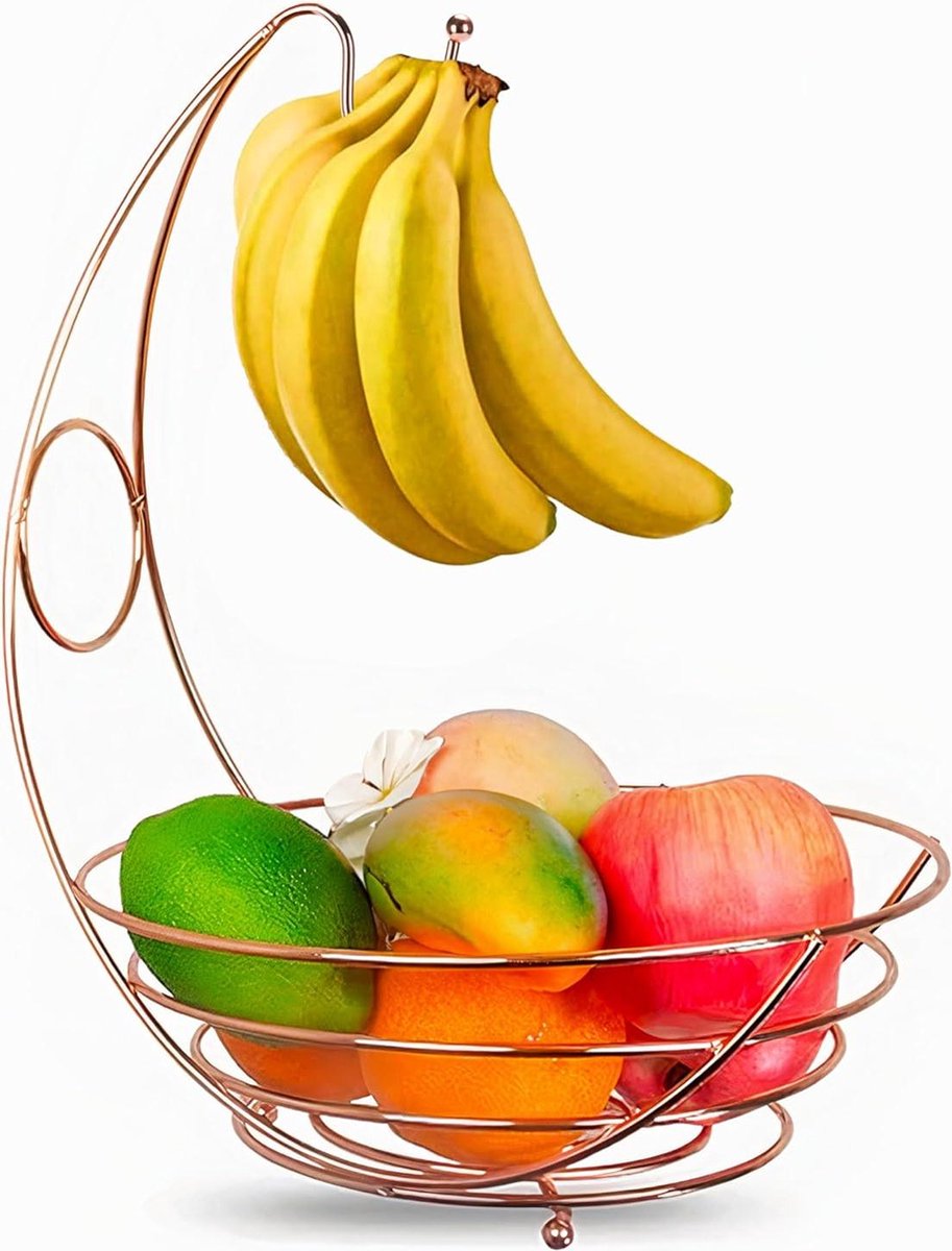 Fruitmand voor keuken kom met bananenhouder bewaar groenten en fruit fruitstandaard aanrecht rustieke stijl zachte lijnen bronzen coatingstaal x 289