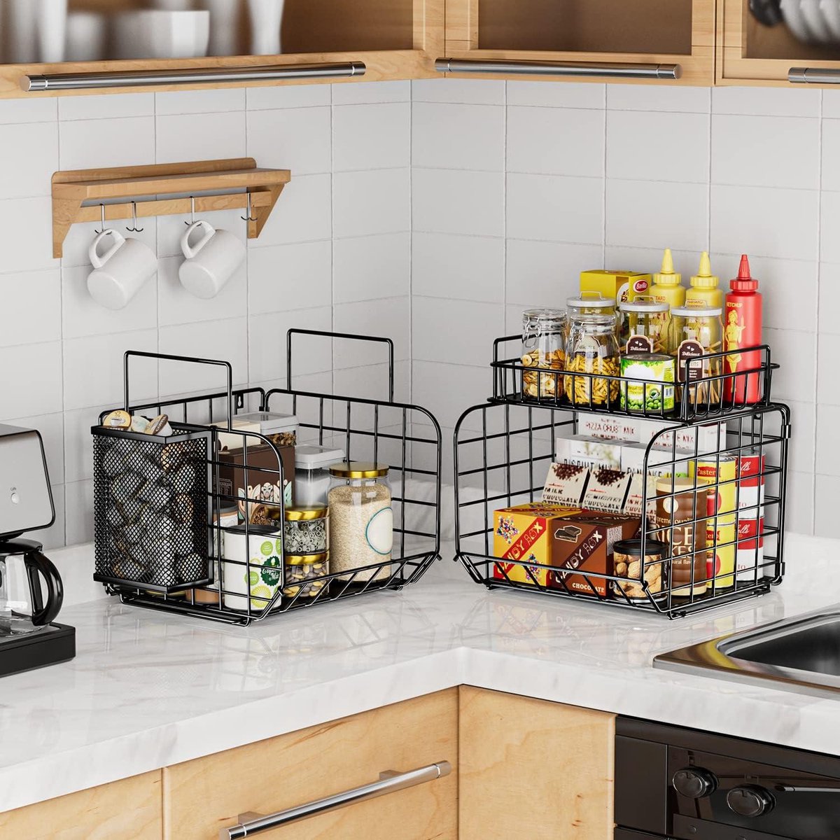 Metalldraht 2-Tier Obstkorb Schüssel mit zwei Bananen Baum Kleiderbügel Holz Lif
