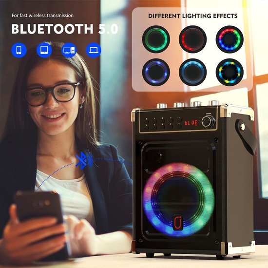BESCOST Karaoke-led-karaokemachine met 2 draadloze microfoons, mini-karaoke-systeem met 7 wisselende stemeffecten, draagbare karaokemachine voor kinderen