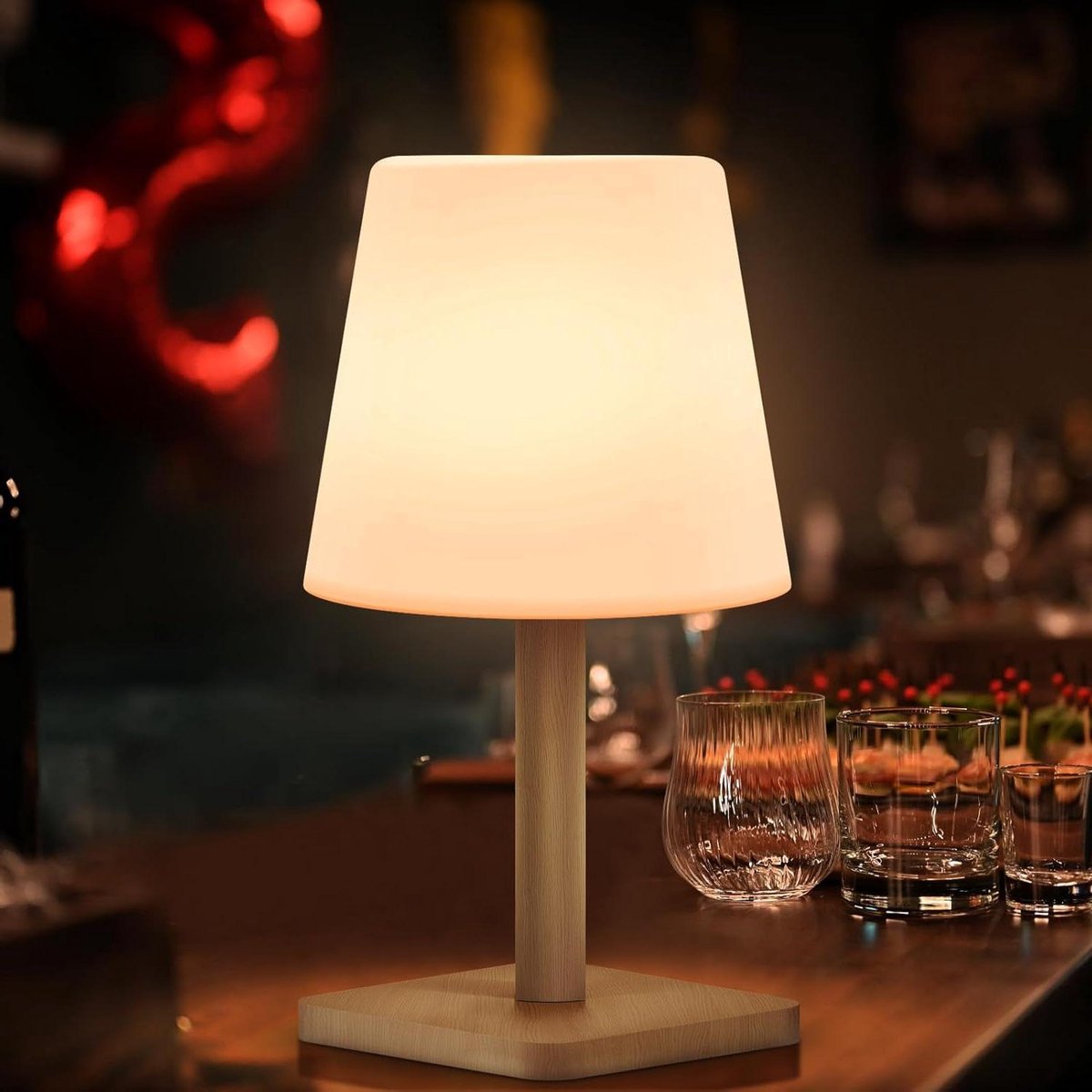 Tafellamp op batterij van hout - warmwit - 8 kleuren - kleurverandering - dimbaar - draadloos - waterdicht - voor thuis en hotel - decoratie - eettafel - tuin - granen.