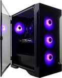 Zwarte computerkast met open glazen deur en paarse LED-verlichting.