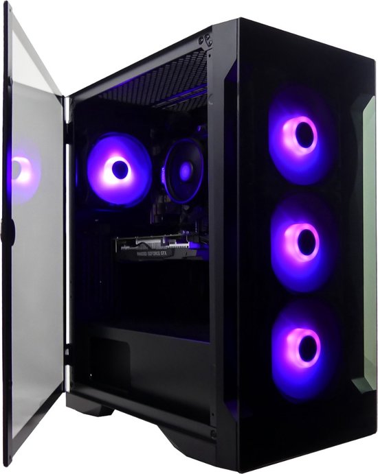 Zwarte computerkast met open glazen deur en paarse LED-verlichting.