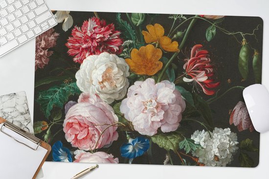 Bureau onderlegger 60x40 cm - Muismat Stilleven met bloemen in een glazen vaas - Schilderij van Jan Davidsz. de Heem - Bureaulegger xl - Desk mat beschermer - Computer muismatten