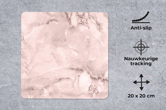 Roze marmeren muismat met grijze aders, anti-slip en nauwkeurige tracking. Afmeting 20x20 cm.