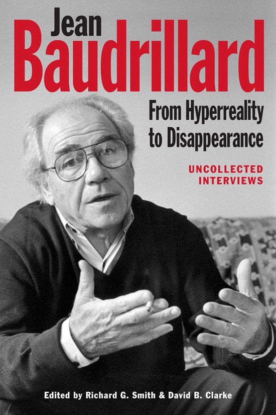 Livre 'Jean Baudrillard: From Hyperreality to Disappearance', avec un portrait de Baudrillard portant des lunettes et une cravate.