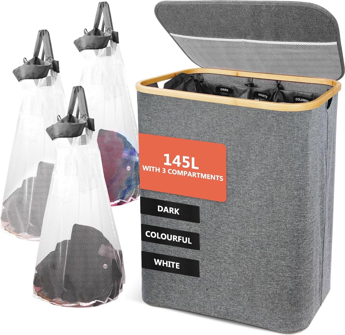 Goedkoopste Wasmand met Deksel en 2 Compartimenten - 140 Liter Bamboe Stof - Zwart