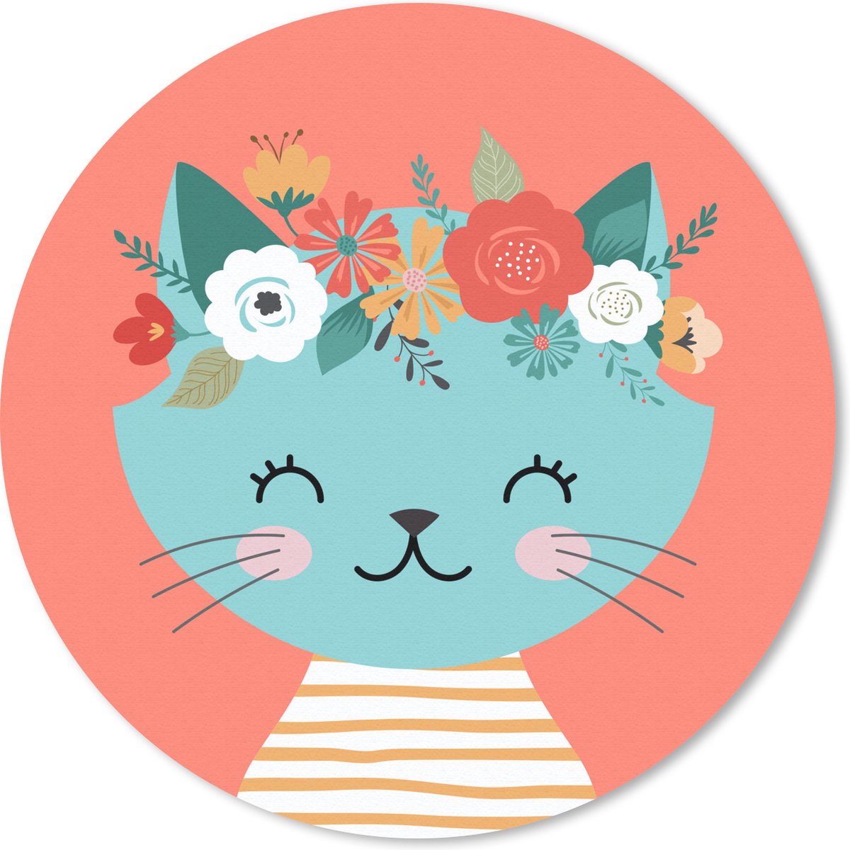 Muismat rond 40x40 cm - Mousepad Kat - Bloemenkrans - Zomer - Ronde muismatten