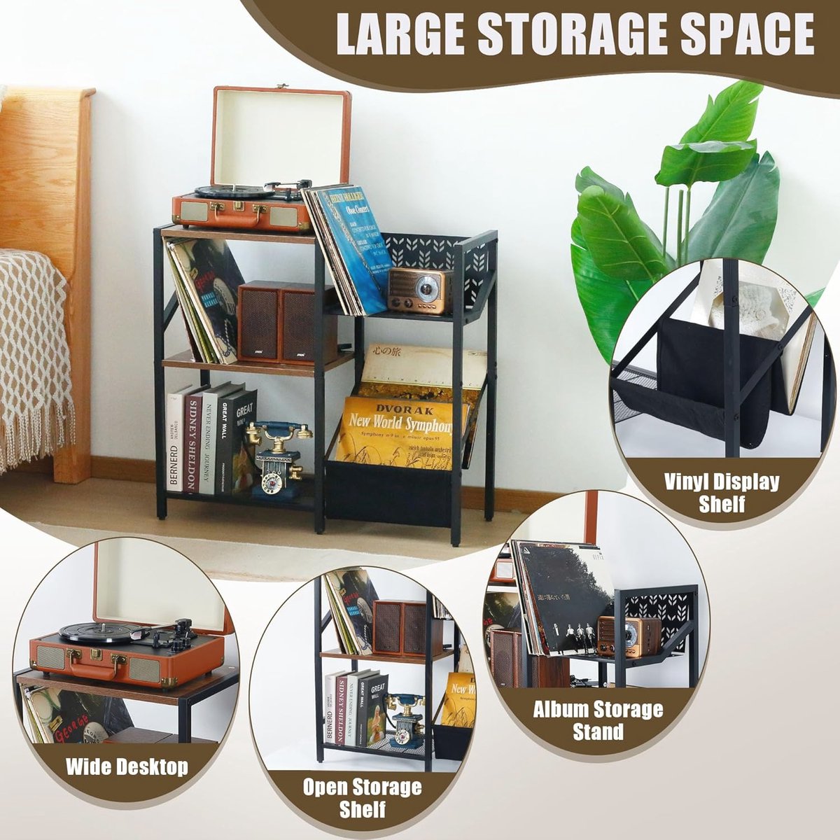 Plattenspeler-staander, Plattenspeler-staander biedt ruimte voor maximaal 160 albums, Mid-Century Vinyl-opslagtafel met houten benen, Plattenspeler-kast-rek, Natuurlijk bijzettafel