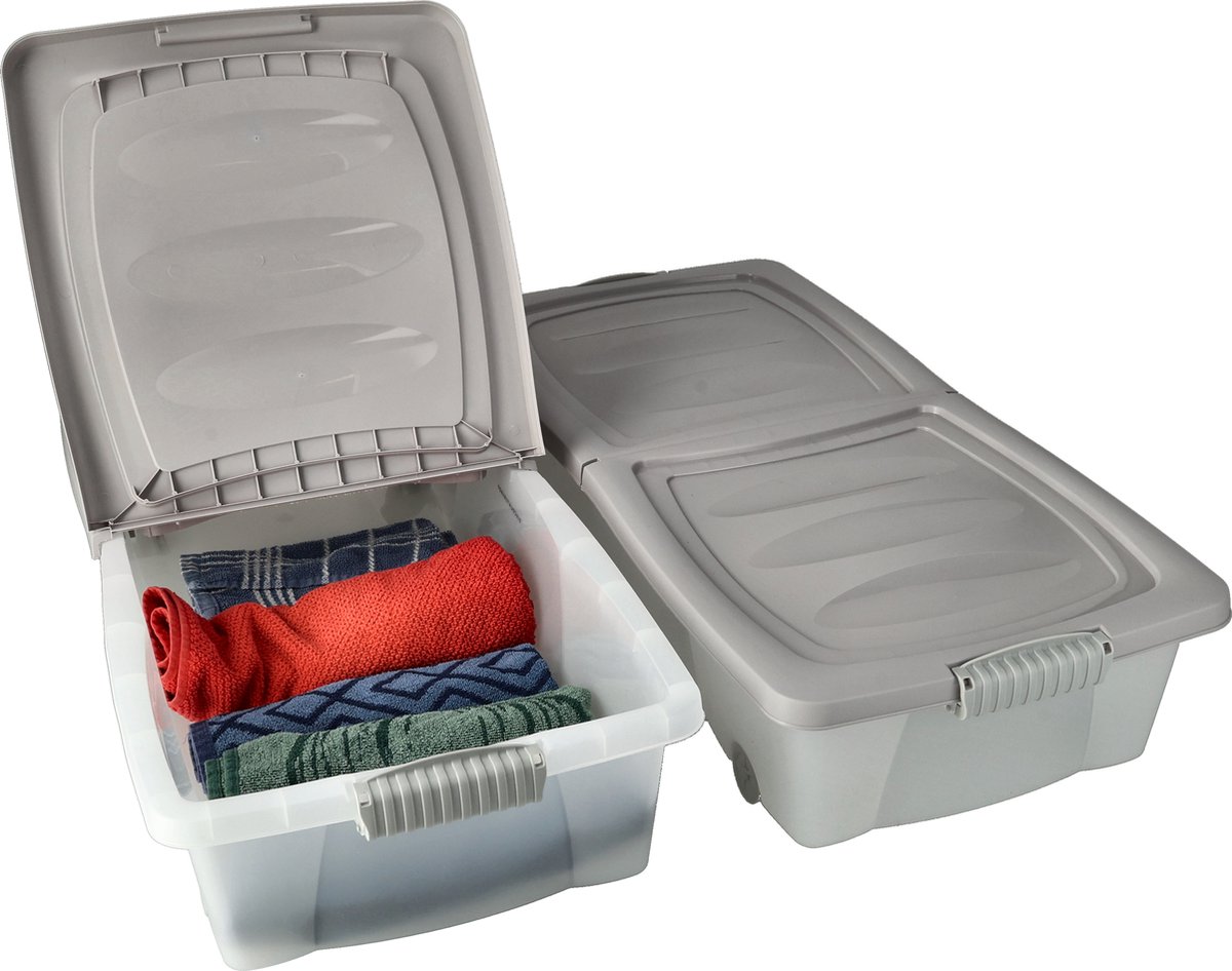 Opbergbox Grijs met Deksel en Wielen - Set van 2 - 79x39x17 cm -Transparant Box Druksluiting - Handige Opbergdozen voor Kleding en Speelgoed-Op-320