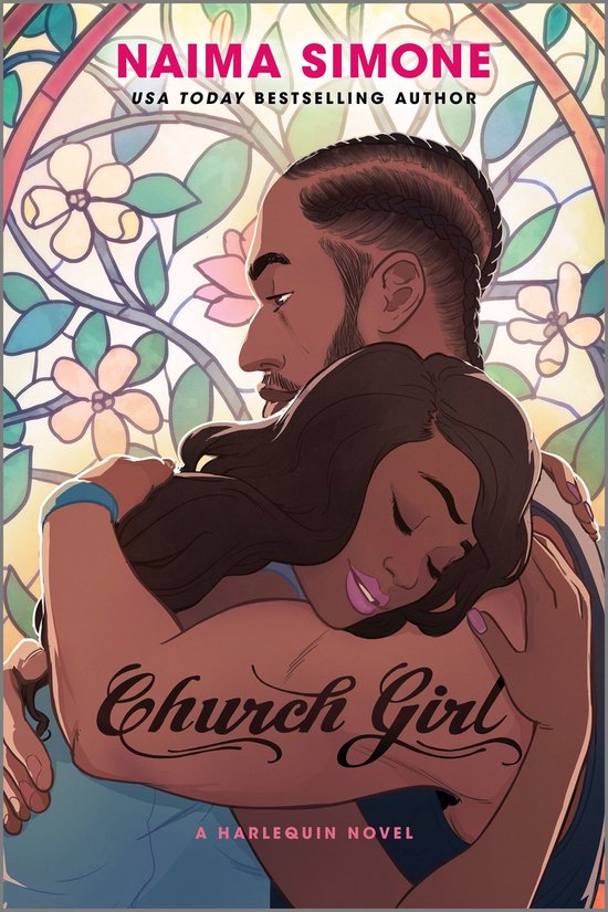 Boekomslag met een zwarte vrouw die wordt omhelsd door een zwarte man. Tekst: "NAIMA SIMONE USA TODAY BESTSELLING AUTEUR Church Girl A HARLEQUIN NOVEL"
