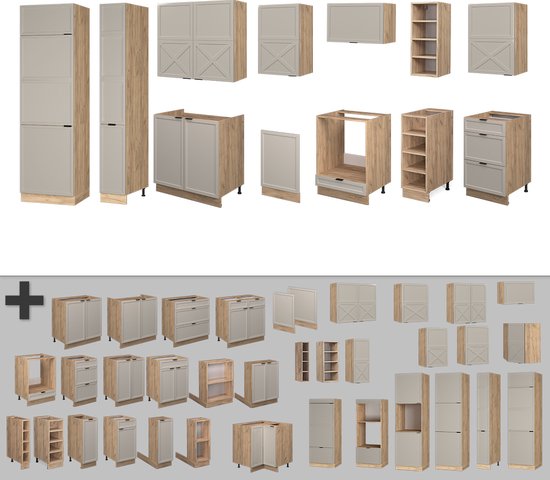 Cuisine complète Vicco Fame- Line – 355 cm, chêne Grijs/beige/doré
