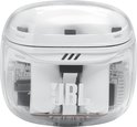 Zijaanzicht van het witte oplaaddoosje voor JBL Tune Flex 2 oordopjes met transparant deksel.