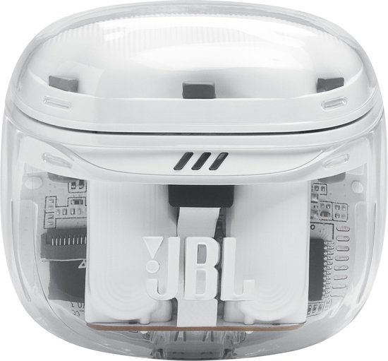 Zijaanzicht van het witte oplaaddoosje voor JBL Tune Flex 2 oordopjes met transparant deksel.