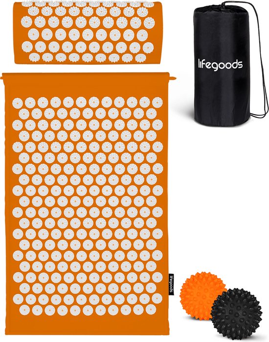 LifeGoods Spijkermat met Kussen - Shakti Mat - Acupressuur Mat - Spijkerbed - Massage Mat - Voor Pijnverlichting, Spierherstel, Stressverlichting en Meer - Incl. 2x Triggerpoint Bal - 60x40x2cm - Oranje