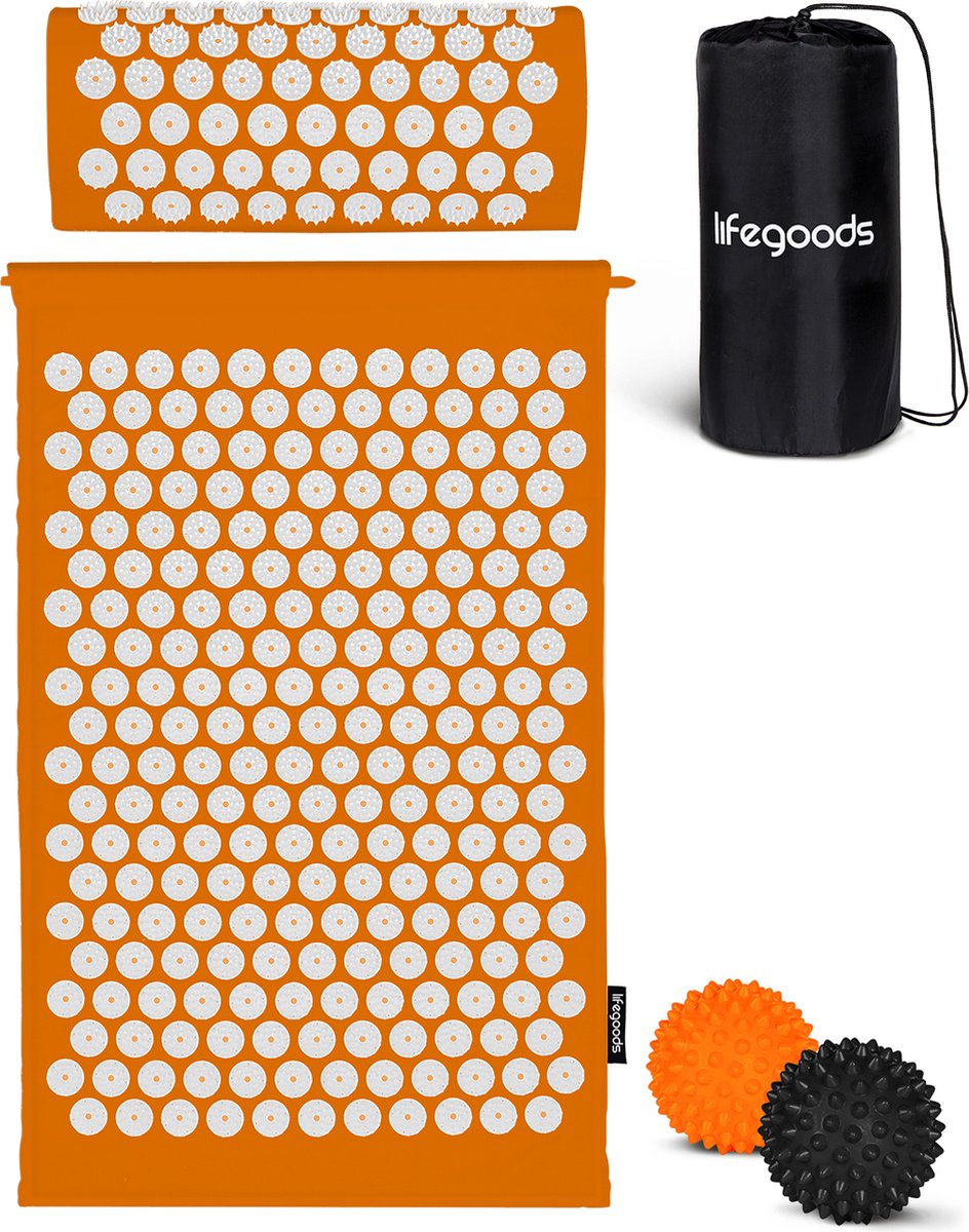 Goedkoopste LifeGoods Acupressuur Mat met Kussen - Shakti mat - Spijkermat Incl. 2x Triggerpoint Bal - 60x40x2cm - Oranje/Wit