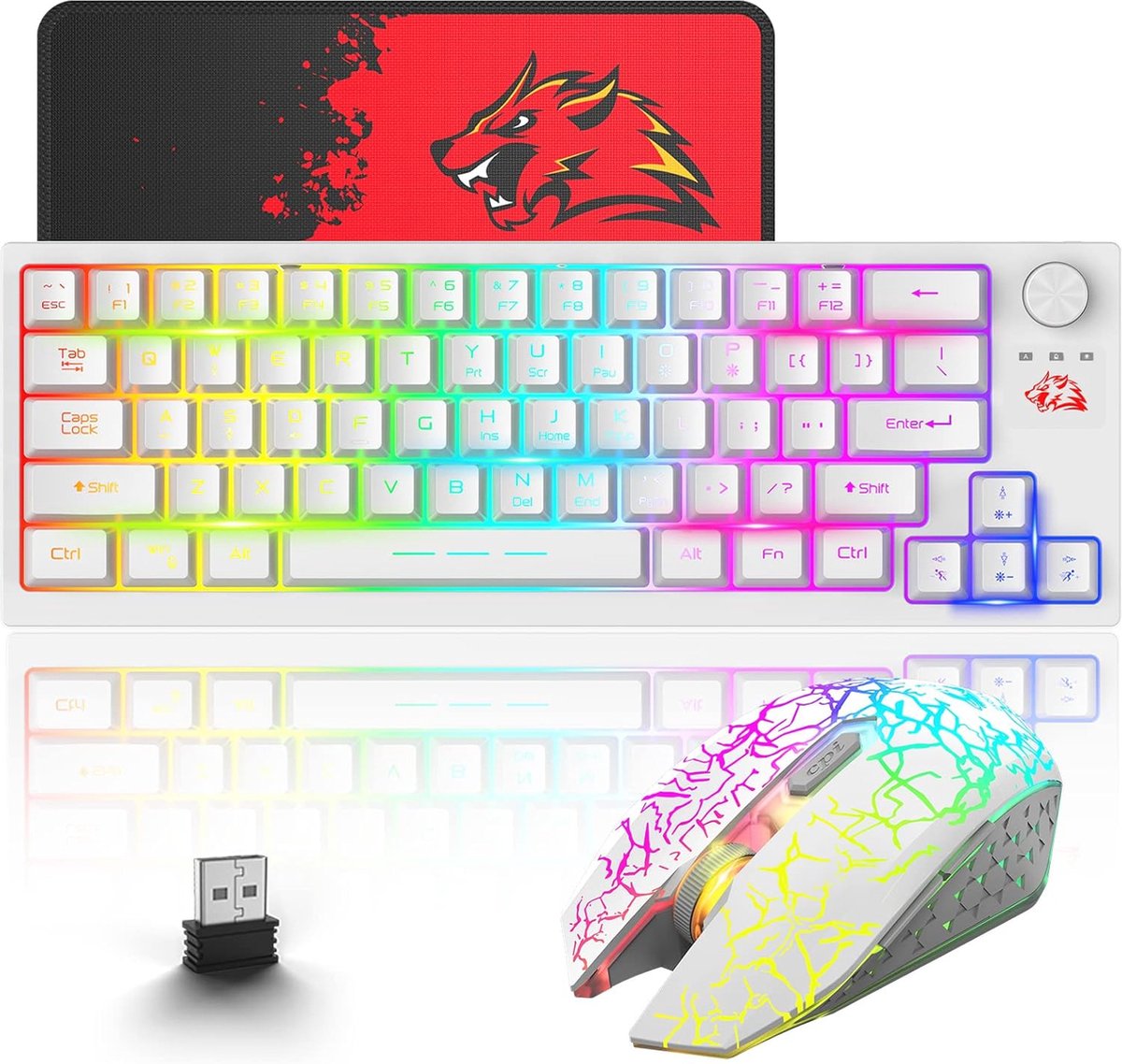 Draadloos Gaming Toetsenbord en Muis Combo met RGB Verlichting - 64 Toetsen, 2400 DPI, Oplaadbaar