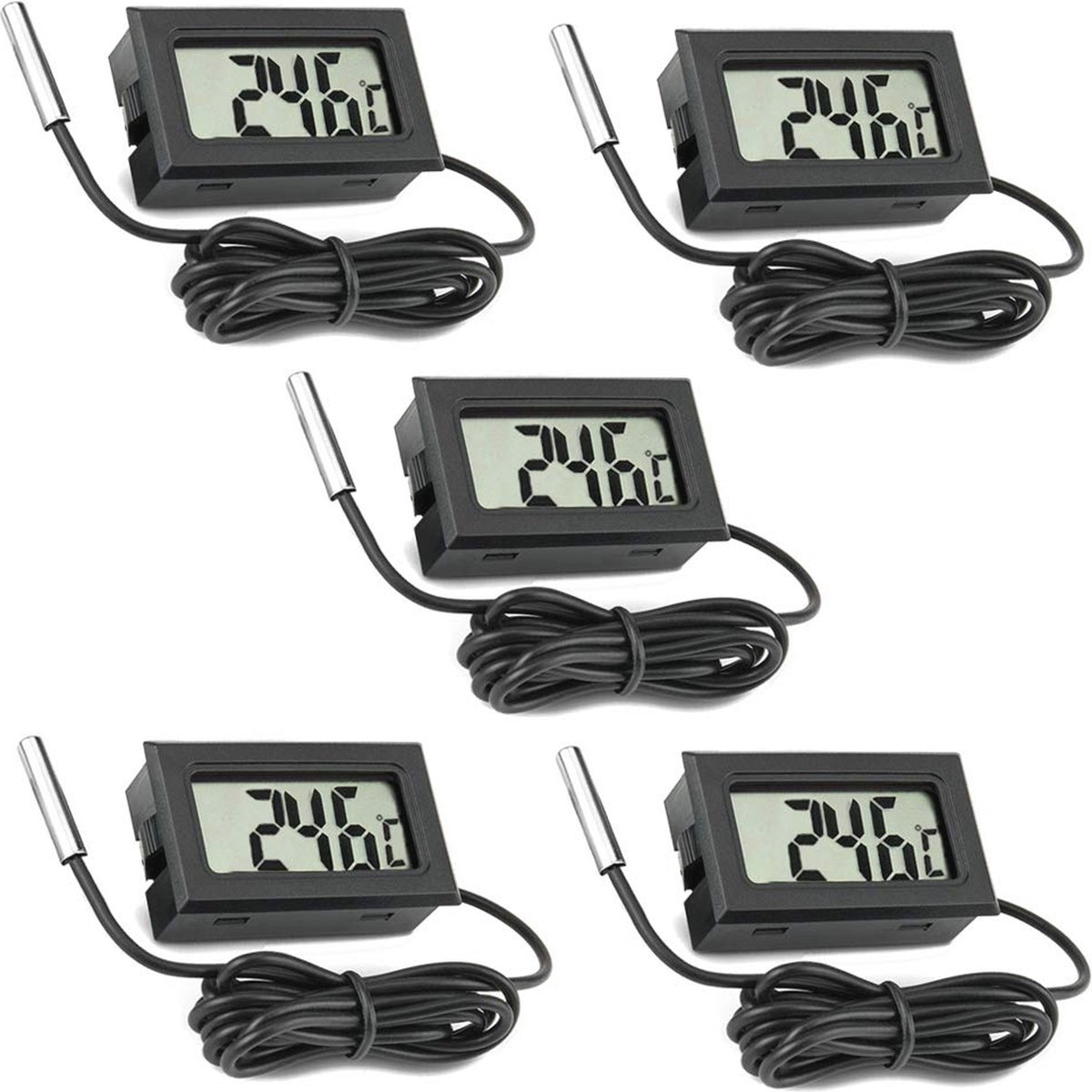 LCD Thermometer met Externe Sonde voor Auto, Koelkast, Vriezer en Aquarium - 5 Stuks