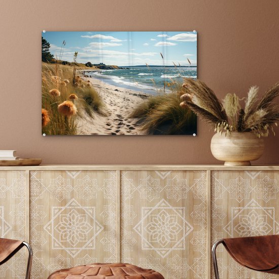 MuchoWow® Glasschilderij 60x40 cm - Schilderij acrylglas - Strand - Duinen - Helmgras - Zee - Zand - Foto op glas - Muurdecoratie woonkamer - Wanddecoratie slaapkamer - Schilderijen