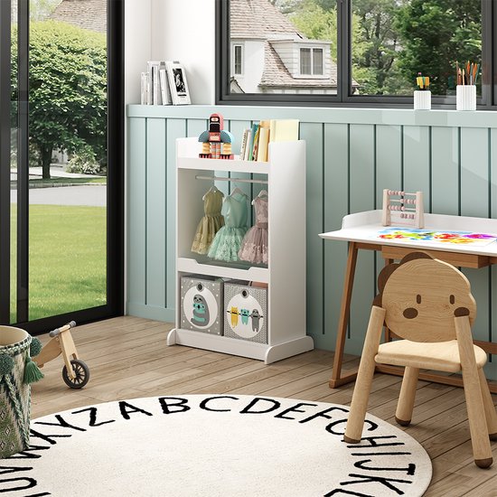 COSTWAY Kindergarderobe Met Spiegel, Prinses, Kledingrek Met Kleerhanger En 4 Planken Kinderkledingkast Van Hout 93 5 X 38 X 100 Cm Wit