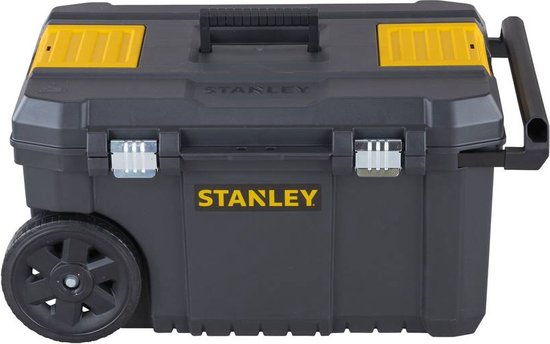 Zwarte Stanley gereedschapskist op wielen met gele dekselaccenten.