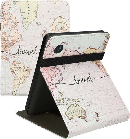 kwmobile e-reader hoesje geschikt voor Kobo Clara BW / Colour hoes - Ereader flip case met standaard - Kunstleren e reader cover - Travel Wereldkaart design in zwart / meerkleurig — afbeelding 5