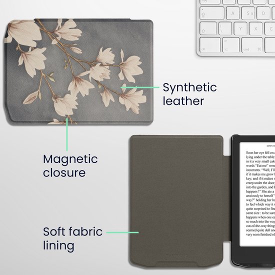 kwmobile e-reader hoesje geschikt voor Pocketbook Verse / Verse Lite / Verse Pro / Color / Vivlio Light/Light HD hoes - E reader flip case met magnetische sluiting - Ereader cover - Magnolia design in taupe / wit / blauwgrijs van Merkloos — afbeelding 5