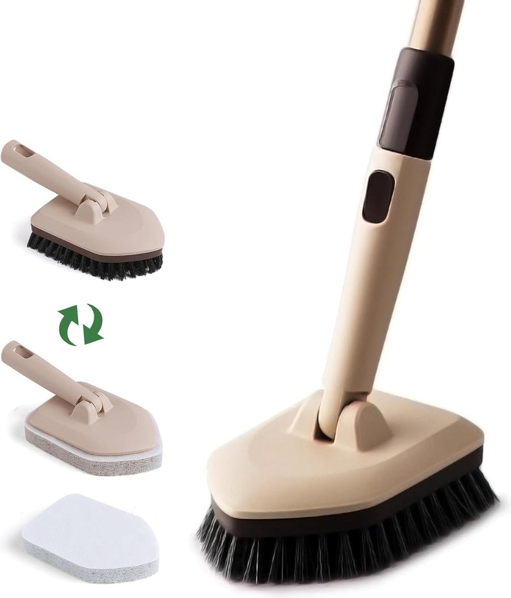 Goedkoopste Bad schrobber met lange steel en tegelborstel - bruin - 2 schuurpads - geschikt voor badkamer keuken toilet muur gootsteen reiniging schrobber met steel