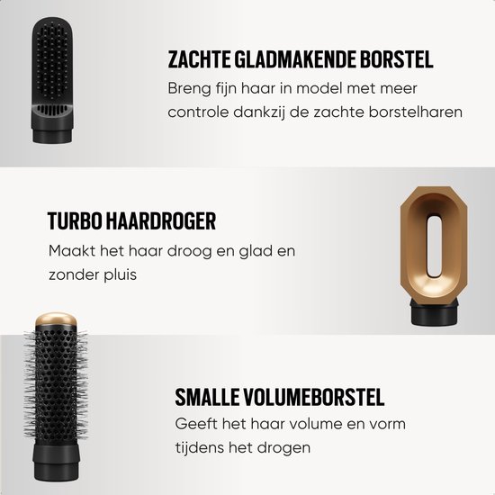 Drie opzetstukken voor de Navado Easystyler Pro: zachte gladmakende borstel, turbodroger en kleine volumeborstel.