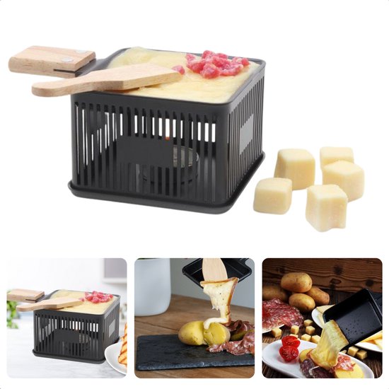 Foto: Cheqo kaasraclette mini raclette grill voor kaas smelten compact tafel raclette met kaasfondue set 1 persoon met houten spateltje gebruik met waxinelichtje 10 x 10 x 6 5 cm