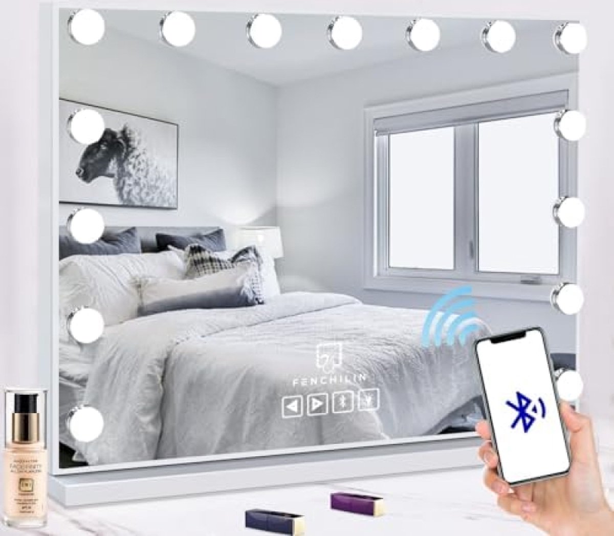 Goedkoopste Bluetooth Hollywood-spiegel Makeup-Spiegel met verlichting USB-make-upspiegel met 15 dimmer LED-verlichting Aanraakbediening Make-upspiegel Hollywood spiegel met 3 lichtweerhaken 58x46cm