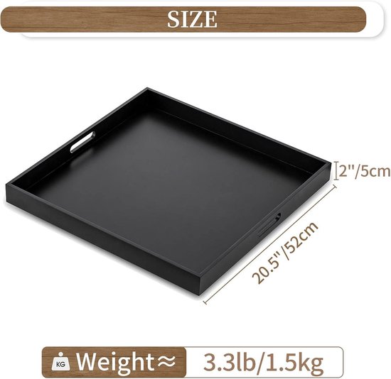 Zwart vierkant dienblad met handgrepen, met afmetingen 52x52cm en gewicht 1.5kg.