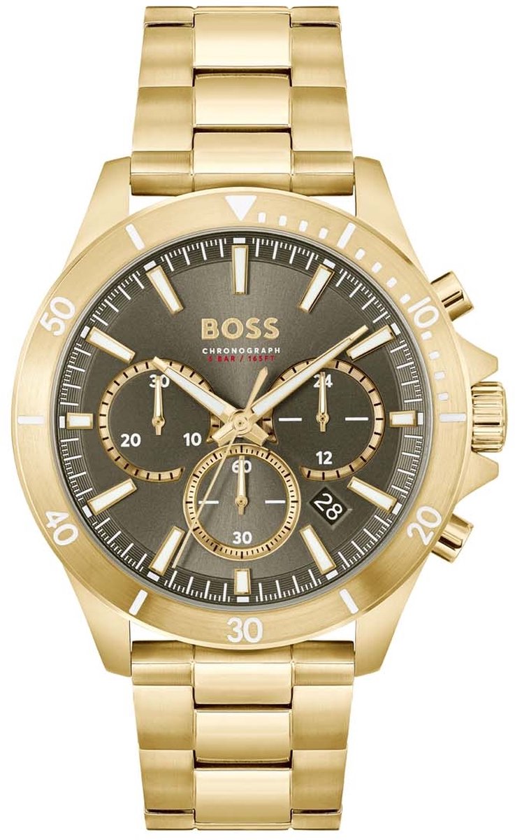 BOSS HB1514059 TROPER Heren Horloge - Mineraalglas - Staal - Goudkleurig - 44 mm breed - Quartz - Vouw-Vlindersluiting - 5 ATM (douchen)