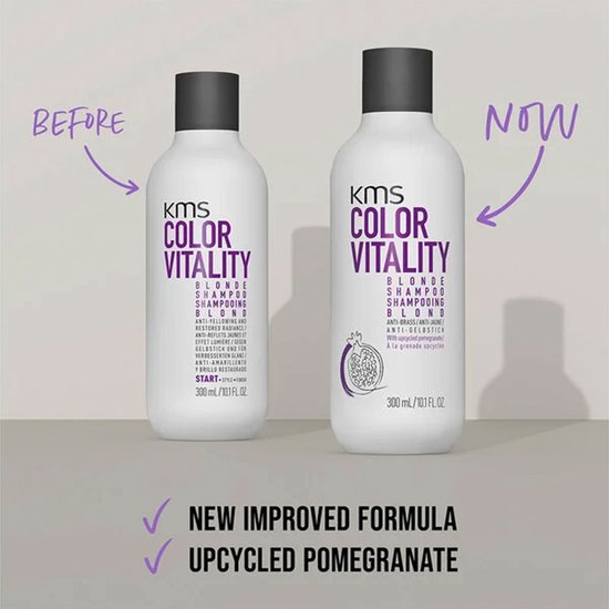 KMS Color Vitality Blonde Shampoo, nieuwe formule met granaatappel. Vergelijking vóór en na.