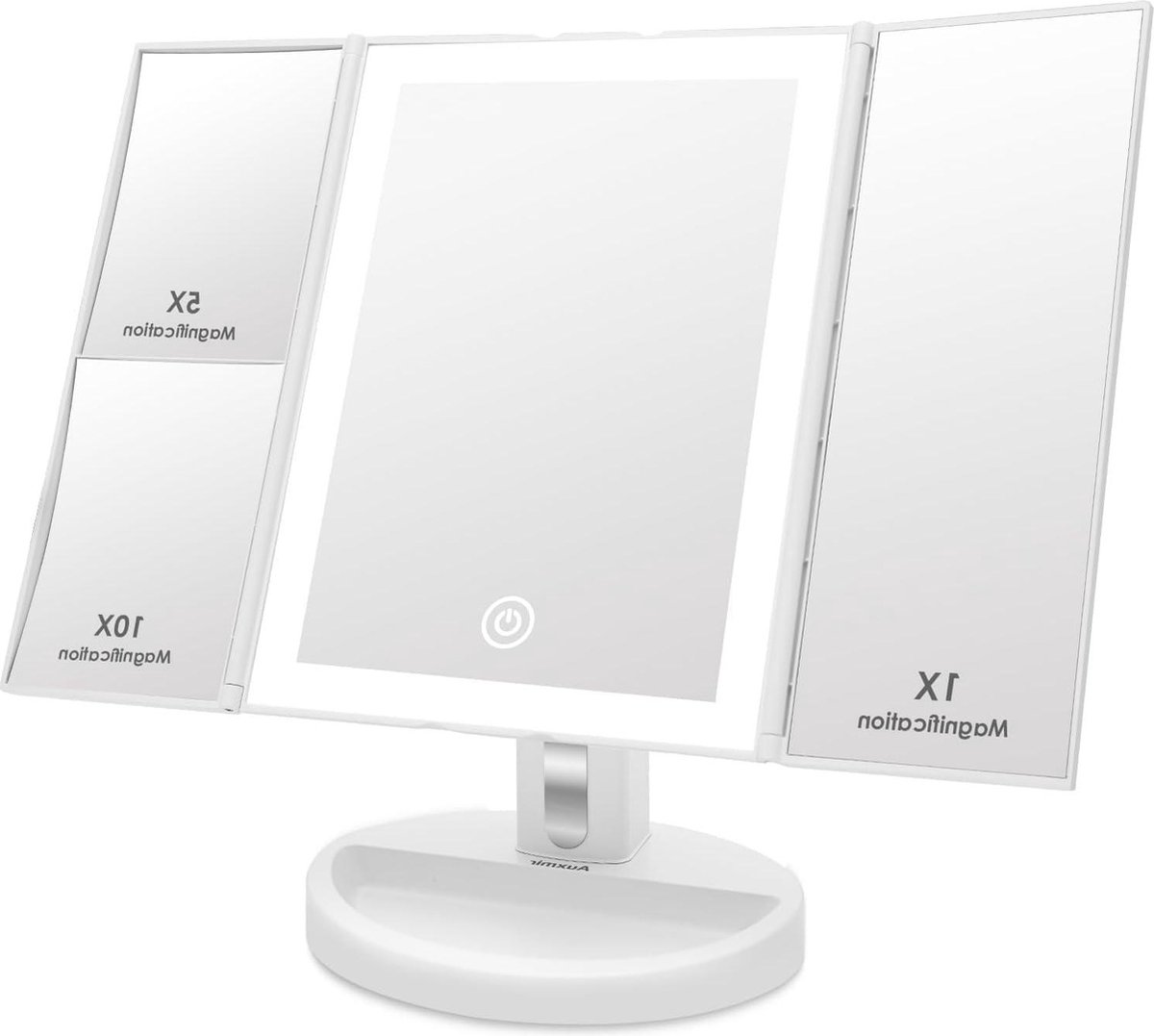 Make-up spiegel 3-Zijdige LED-Verlichte Touchscreen Spiegel 1x 5x 10x Vergroting Batterijen USB Aanrecht Cosmetische Spiegel (Wit)
