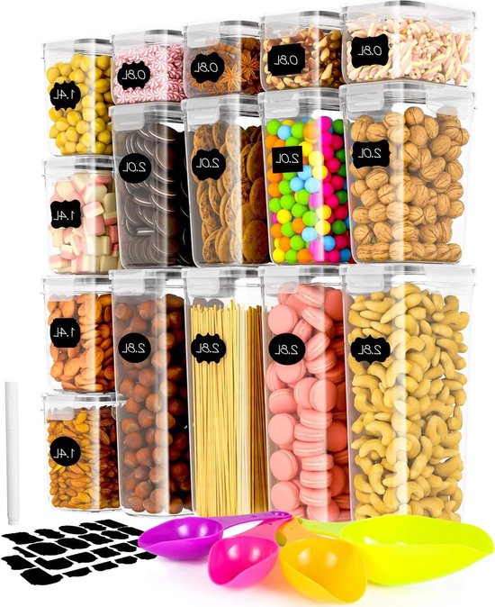 Set of 16 Airtight Storage Boxes with Lids - Labels and Spoon Included ...