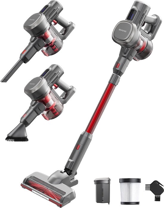 Auronic Steelstofzuiger Draadloos 220W - Draadloze Stofzuiger - HEPA Filter - Zelfstaand - Op Accu - Zonder Zak - Kruimeldief - Vacuum Cleaner - Grijs/Rood