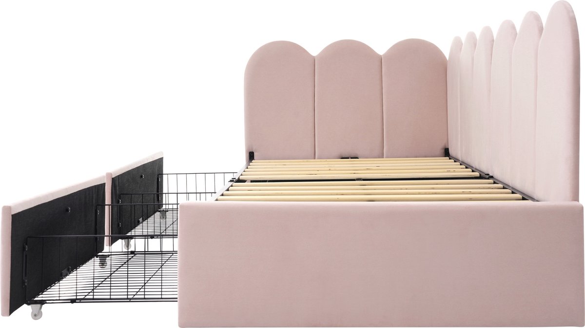 Gestoffeerd bed Eenpersoonsbed Opbergbed met Lades Fluwelen slaapbank 90x200cm Jeugdbed en volwassen bed met Vlak noedelsframe, Roze (zonder matras) — cadeau in Cadeau-ideeën - foto 2