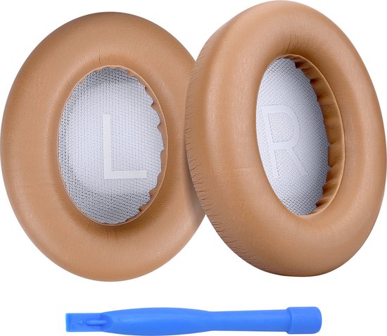 Deux coussinets d'oreille beiges avec une grille blanche à l'intérieur, marqués L et R, et un petit outil bleu.