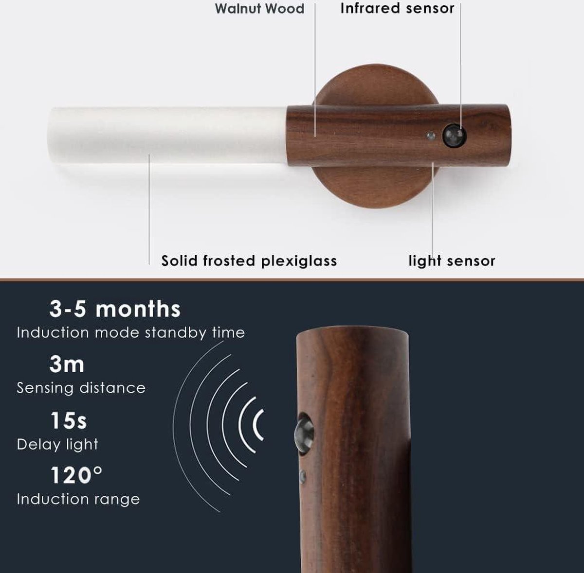 LED Sensor Wandlamp - Draagbaar - Oplaadbaar - Nachtlampje met Magnetische Basis - Indoor Gebruik - 1 Pack Walnoot Hout — cadeau in Wonen & Interieur - foto 7