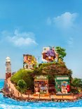 Miniatuur dorpje aan zee met huizen, een vuurtoren en een molen.