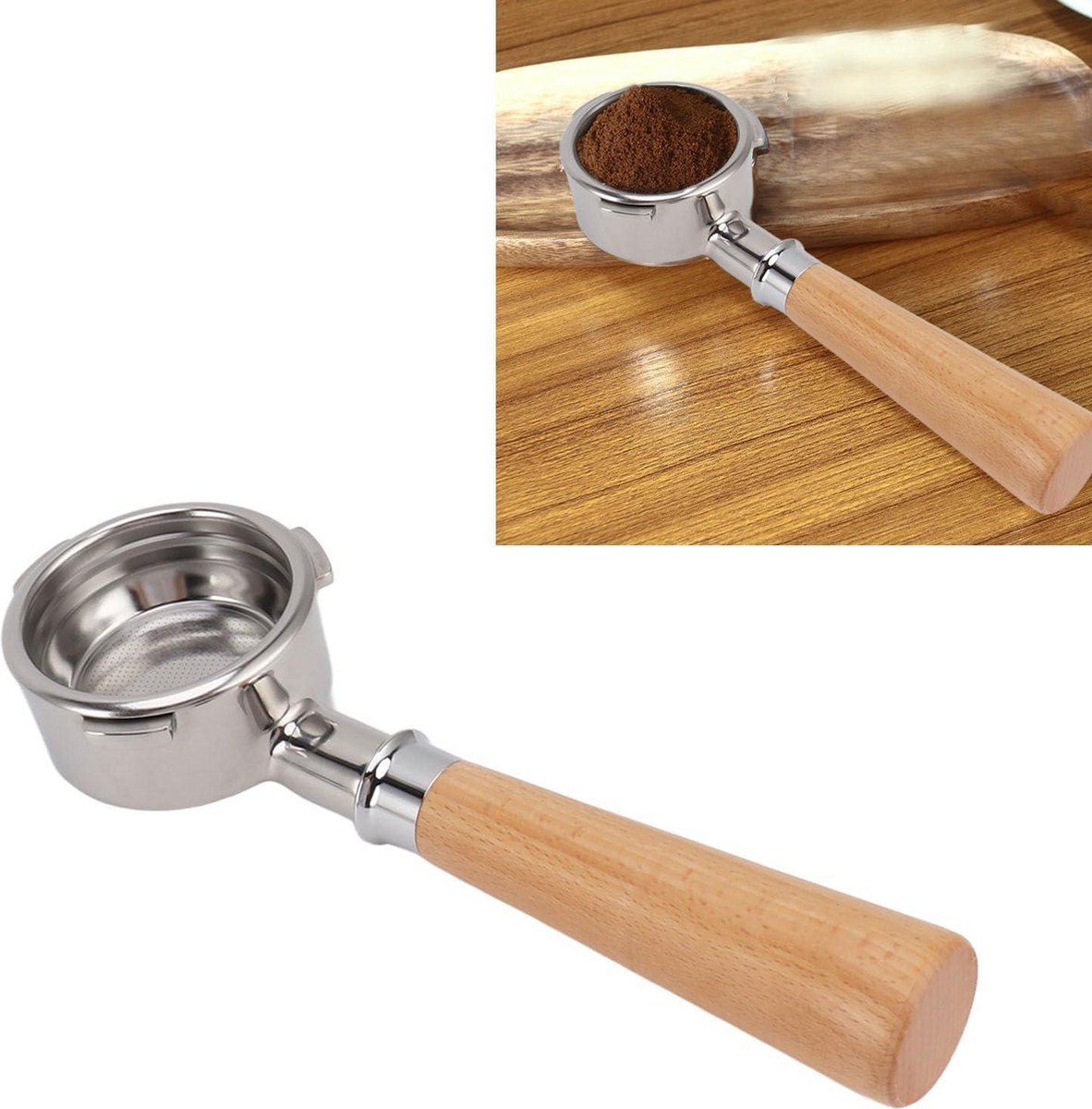 Bodemloze Koffiefilterhouder Kopje Filtermand Portafilte- 58 Mm- 3 Oren- Roestvrijstalen- Massief Houten Handvat- Barsetto Koffiezetapparaat- Onderdelen van huis