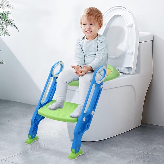 HENGMEI HM VC HAG1243BG Toiletbril Voor Kinderen, Toilettrainer Met Trap Inklapbare Pottrainer Toilettrainingsstoel In Hoogte Verstelbaar 38 42 Cm Kinderen Van 1 7 Jaar Blauw En Groen 752943775