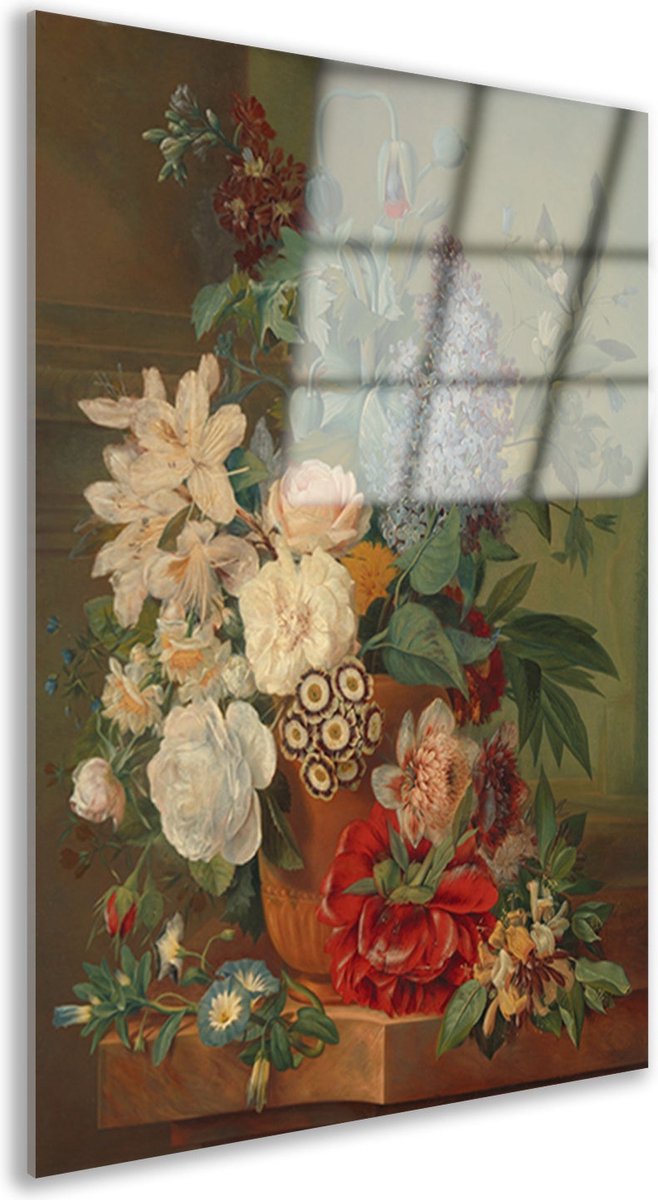 Bloemen in een terracotta vaas - Albertus Jonas Brandt schilderij op glas - Bloemen schilderij - Glas schilderijen Natuur - Muurdecoratie modern - Acrylglas - Decoratie kamer acrylglas 60x90 cm