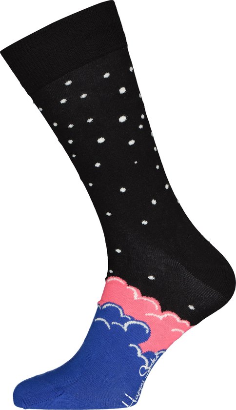 Zwarte sok met witte stippen, blauwe teen en roze rand. Happy Socks logo.